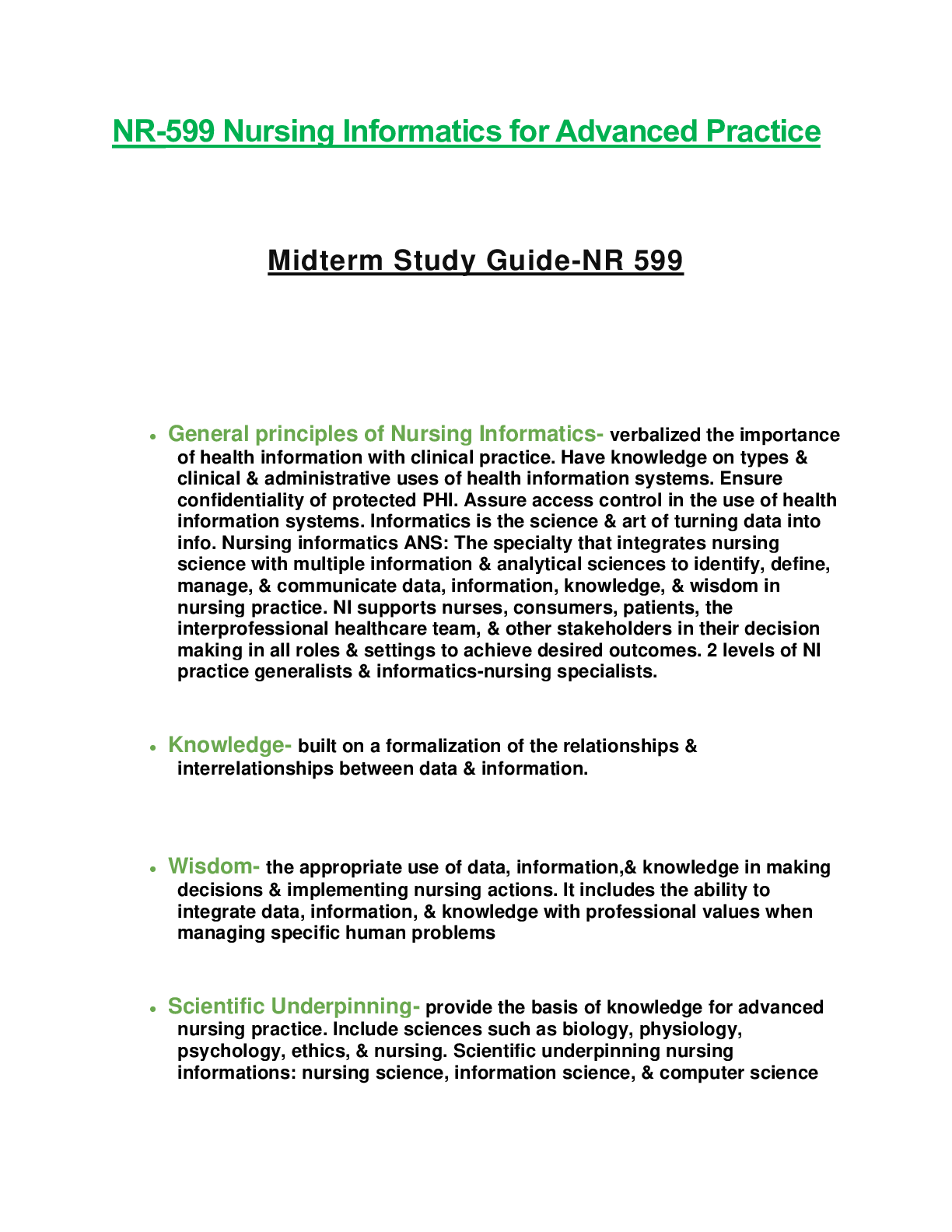 Preview of NR 599 GRADED MIDTERM EXAM STUDY GUIDE (VERIFIED) NR599 Informatics for Advanced Practice